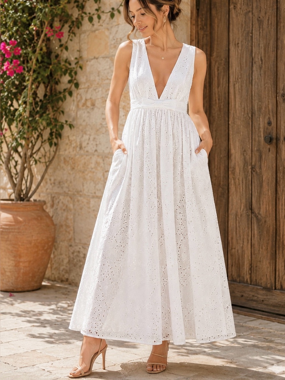 Scoop Women’s White Eyelet Cotton Midi Dress Double Lined W/ Pockets | Size L
